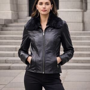 Apt. 9 SZ M 100% Soft Lambs Leather Removal Angora Fur Collar Zip Front Pockets